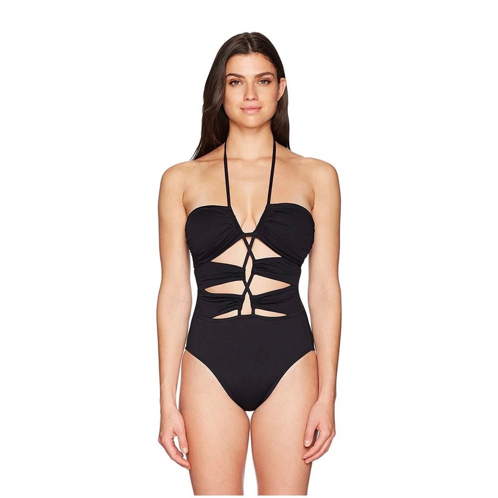 La Blanca Black Cutout One Piece Swimsuit Halter Size 16 NWT